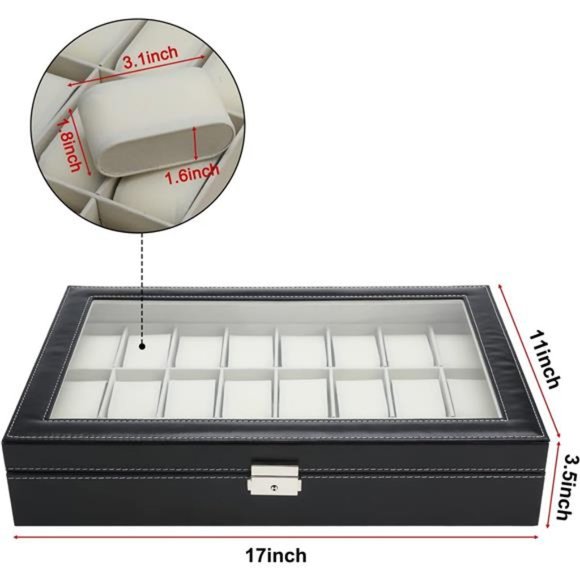 24 Slot Black Leather Watch Box ,Metal Buckle Watch Storage w/ Removable Pillow - Picture 2 of 6